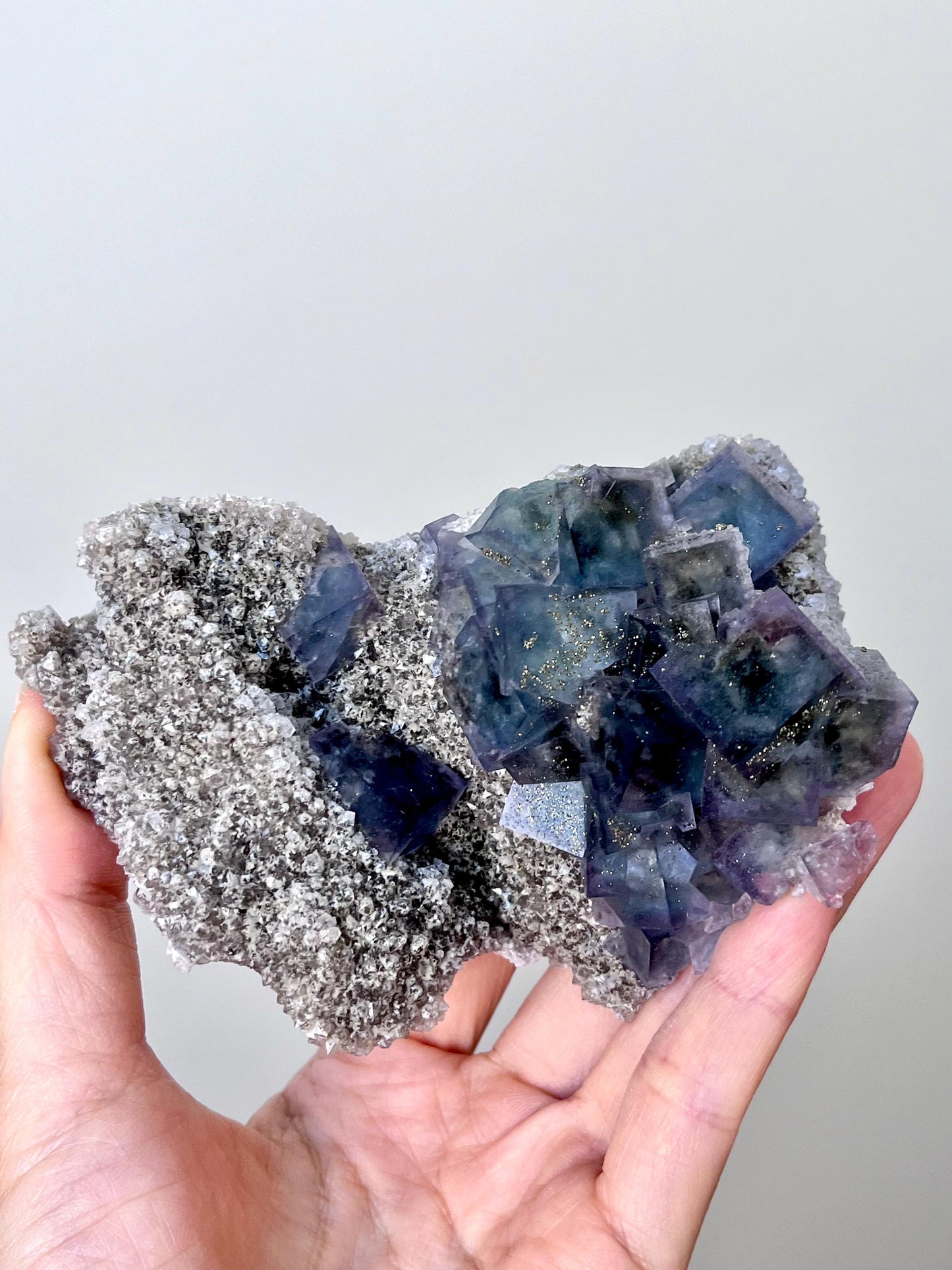 Multicolour Fluorite with Pyrite coatings