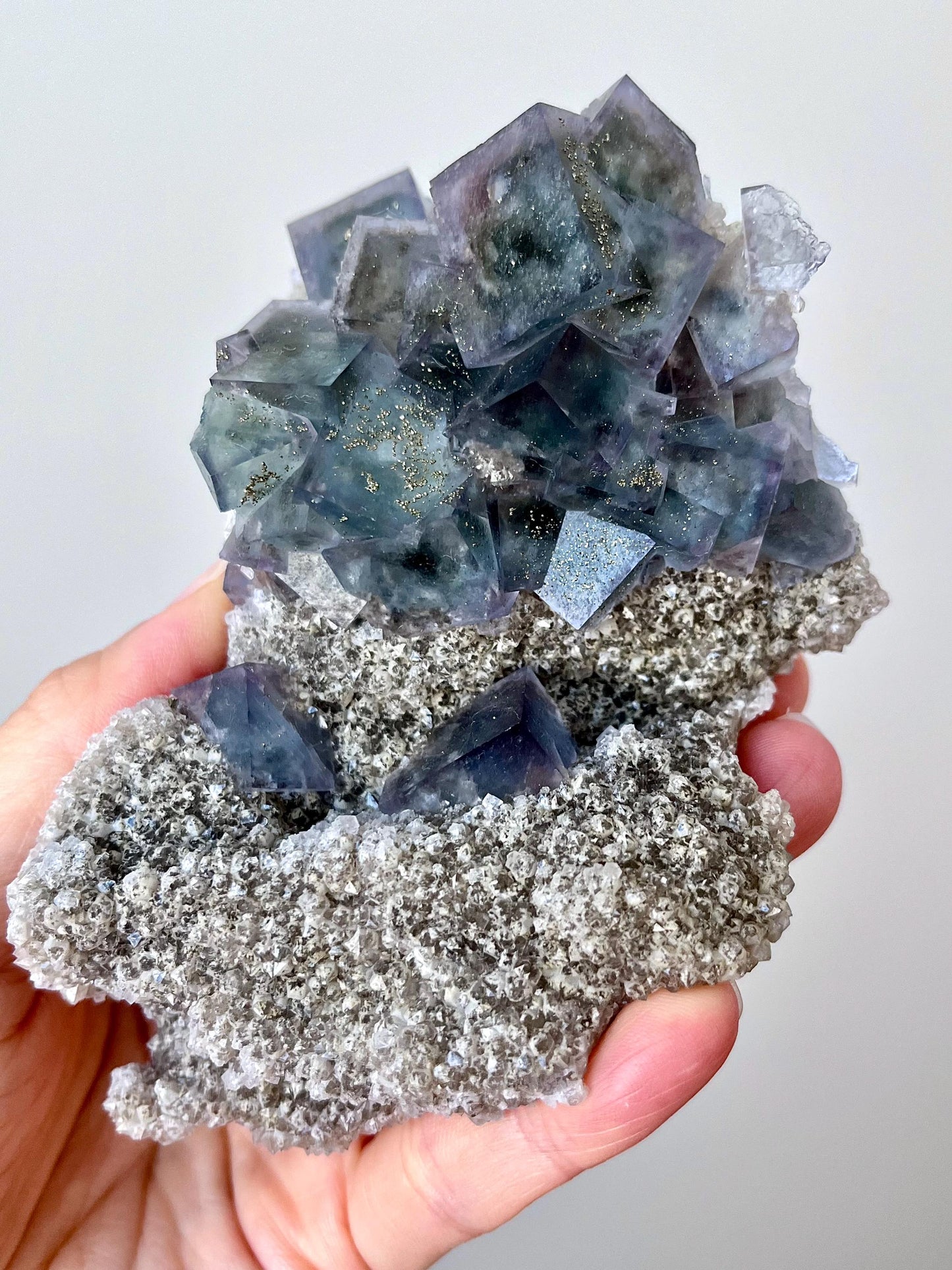 Multicolour Fluorite with Pyrite coatings