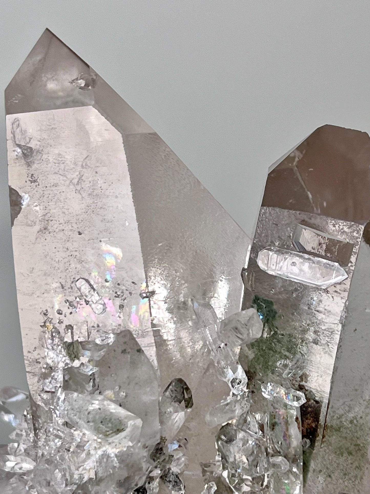 Quartz with Chlorite, Secondary Crystal Growths & Natural Etchings, Rainbow Flash