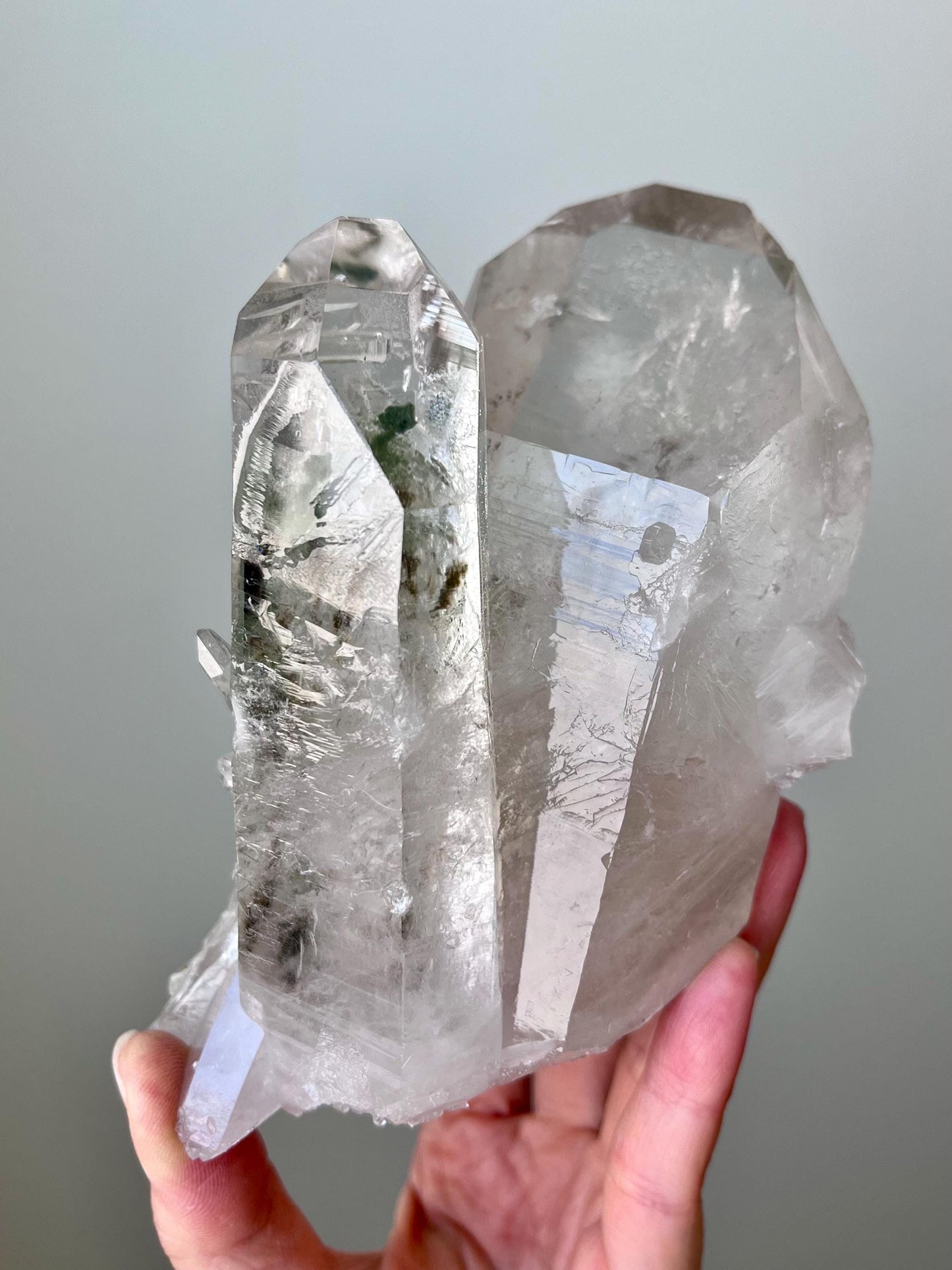 Quartz with Chlorite, Secondary Crystal Growths & Natural Etchings, Rainbow Flash