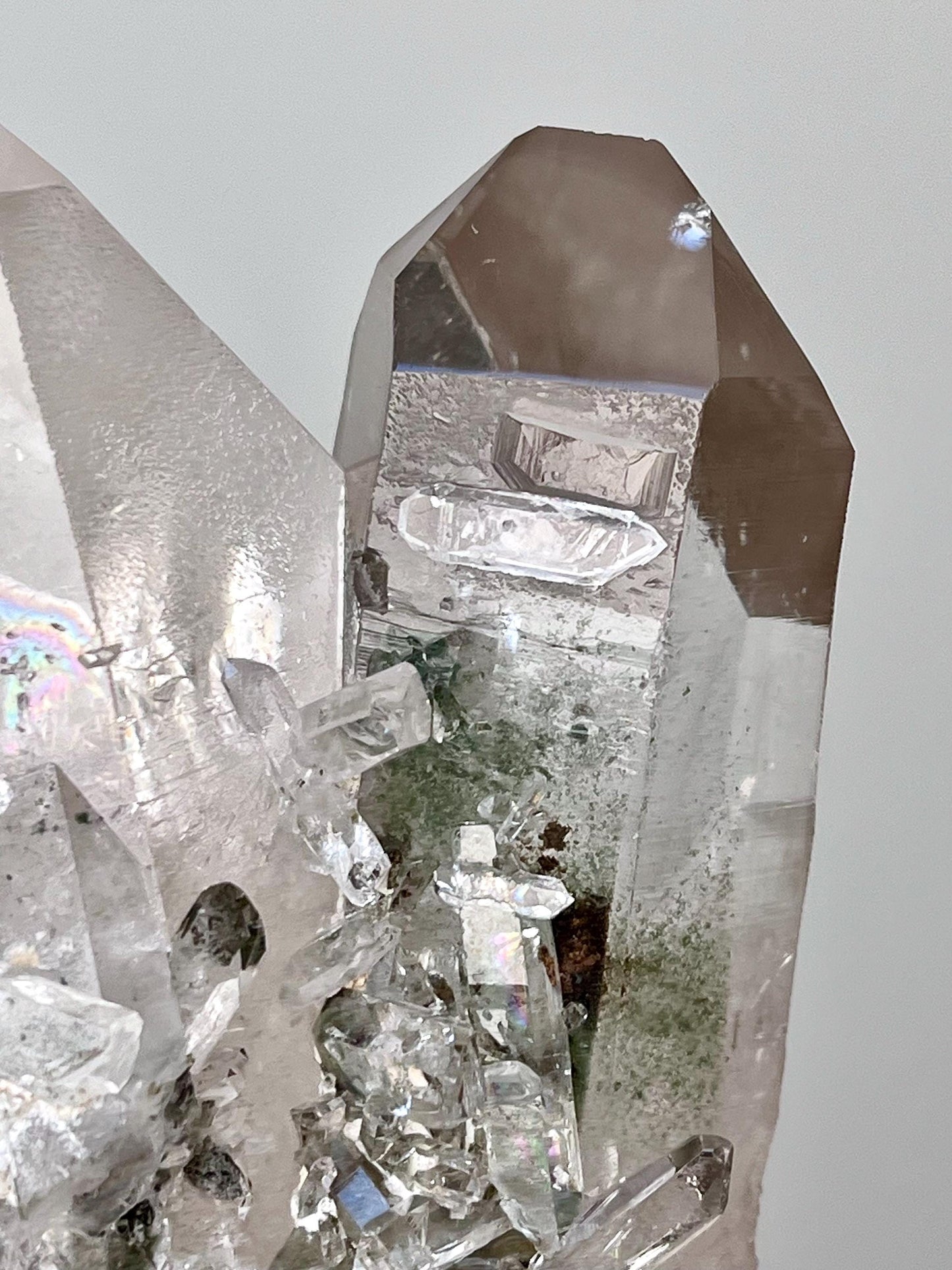 Quartz with Chlorite, Secondary Crystal Growths & Natural Etchings, Rainbow Flash