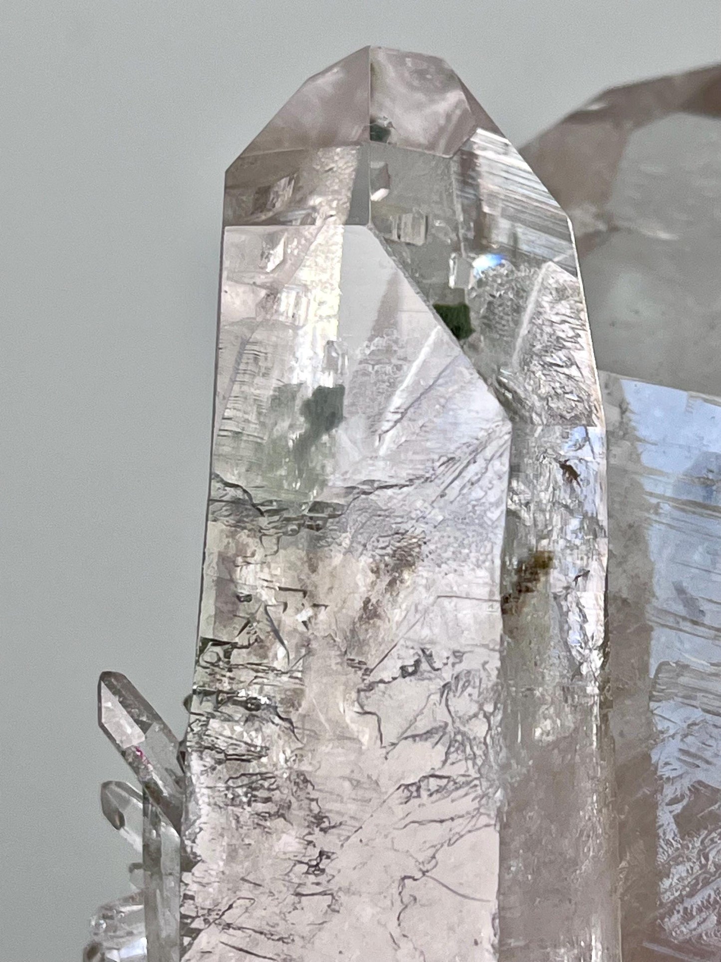 Quartz with Chlorite, Secondary Crystal Growths & Natural Etchings, Rainbow Flash