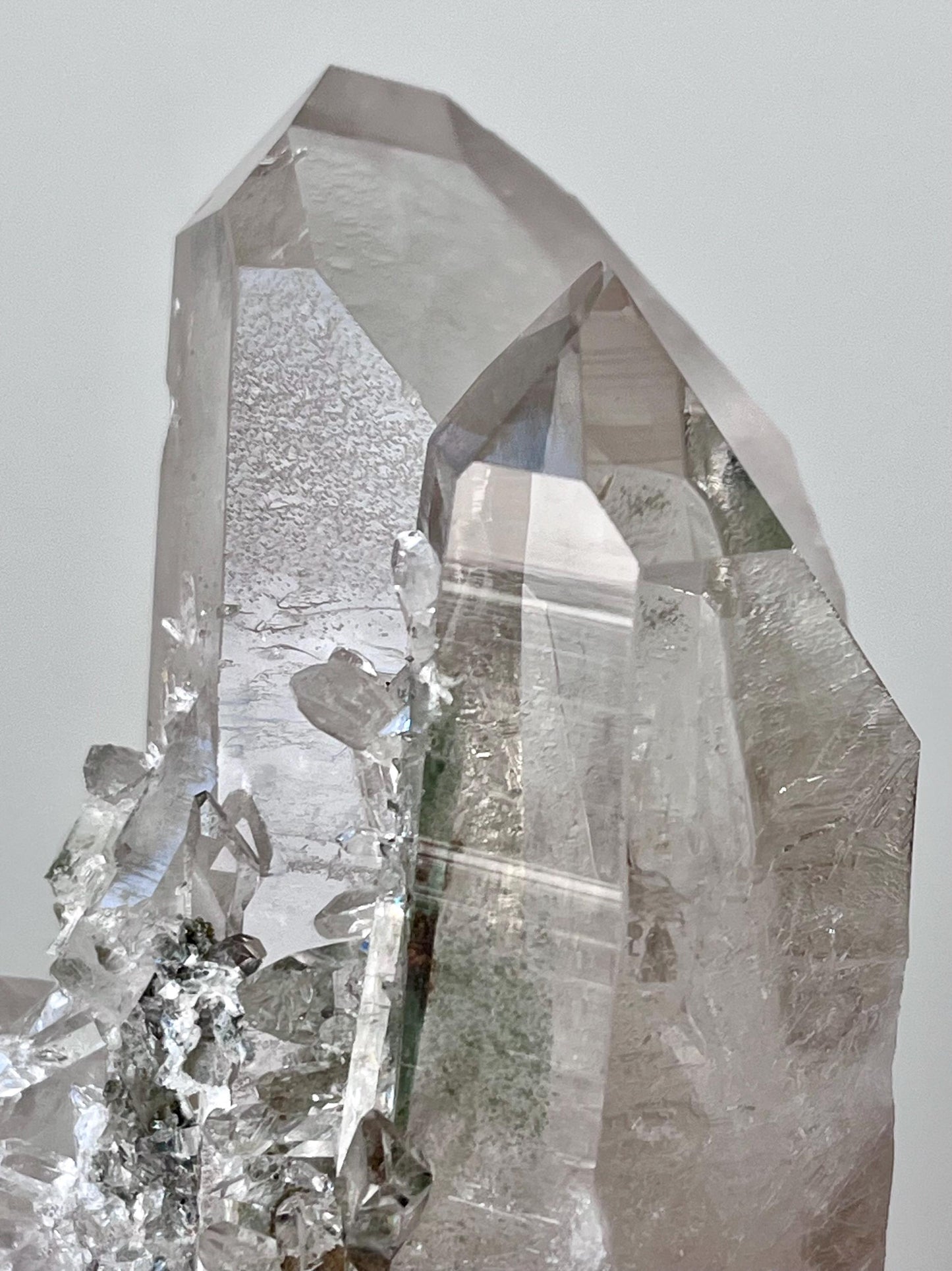 Quartz with Chlorite, Secondary Crystal Growths & Natural Etchings, Rainbow Flash
