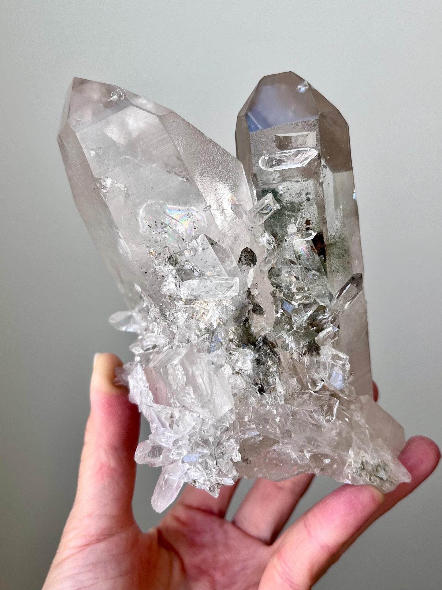 Quartz with Chlorite, Secondary Crystal Growths & Natural Etchings, Rainbow Flash