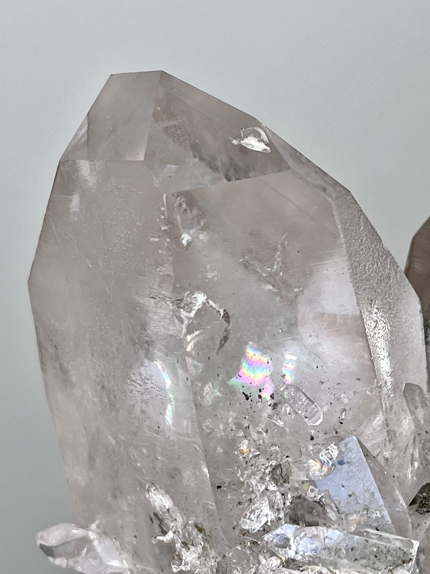 Quartz with Chlorite, Secondary Crystal Growths & Natural Etchings, Rainbow Flash