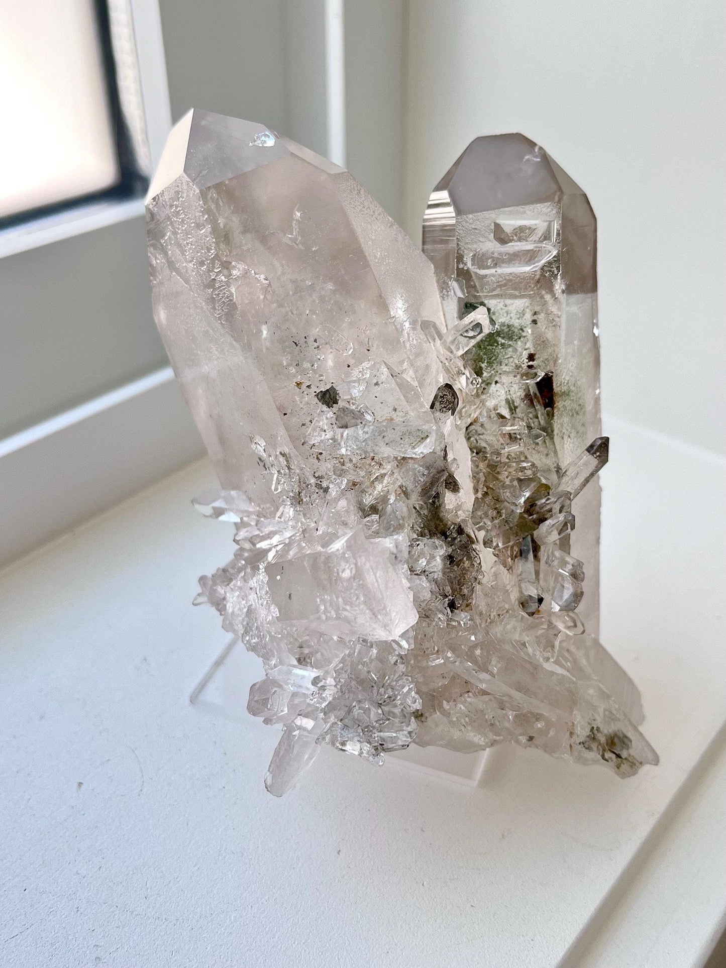 Quartz with Chlorite, Secondary Crystal Growths & Natural Etchings, Rainbow Flash
