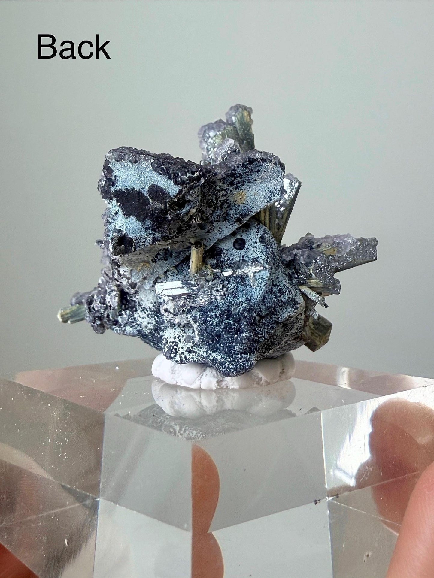 Fluorescent Fluorite-coated Stibnite & Valentinite