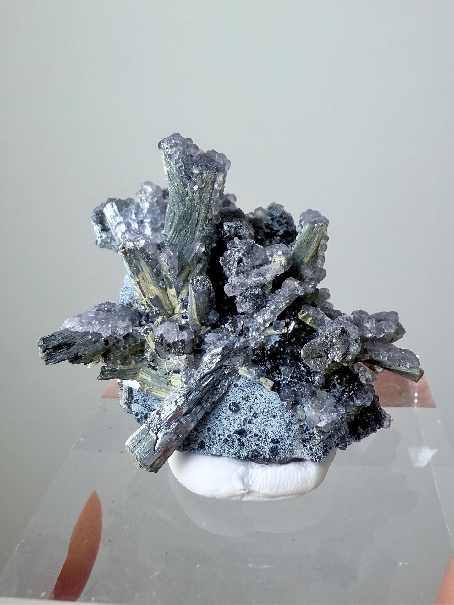Fluorescent Fluorite-coated Stibnite & Valentinite