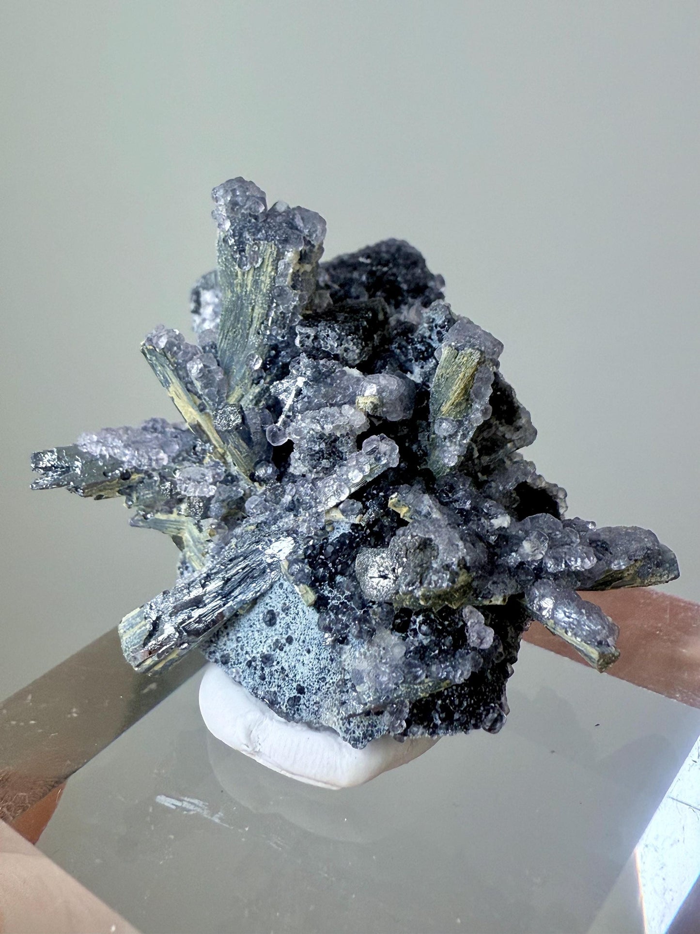 Fluorescent Fluorite-coated Stibnite & Valentinite