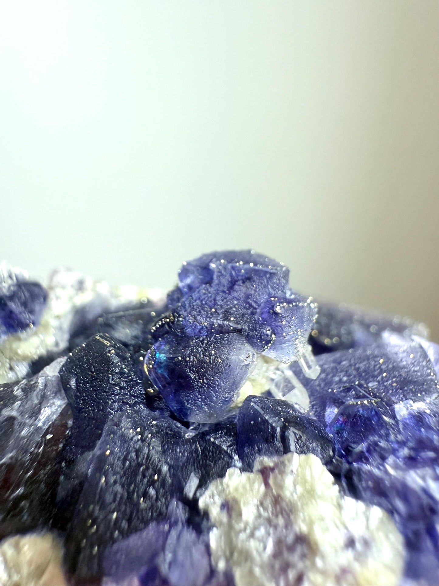 Pyrite-coated Purple Octahedral Fluorite with Quartz & Micas