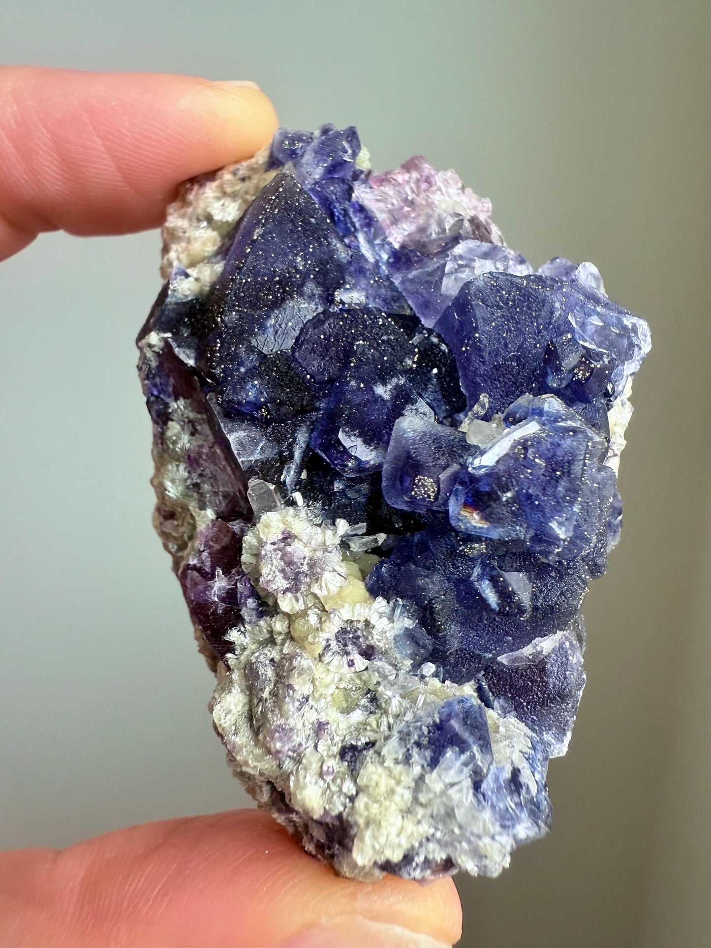 Pyrite-coated Purple Octahedral Fluorite with Quartz & Micas