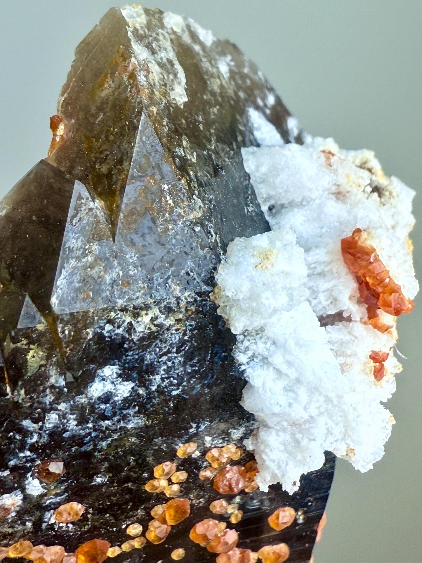 Smoky Quartz with Fanta Spessartine Garnets, Albite