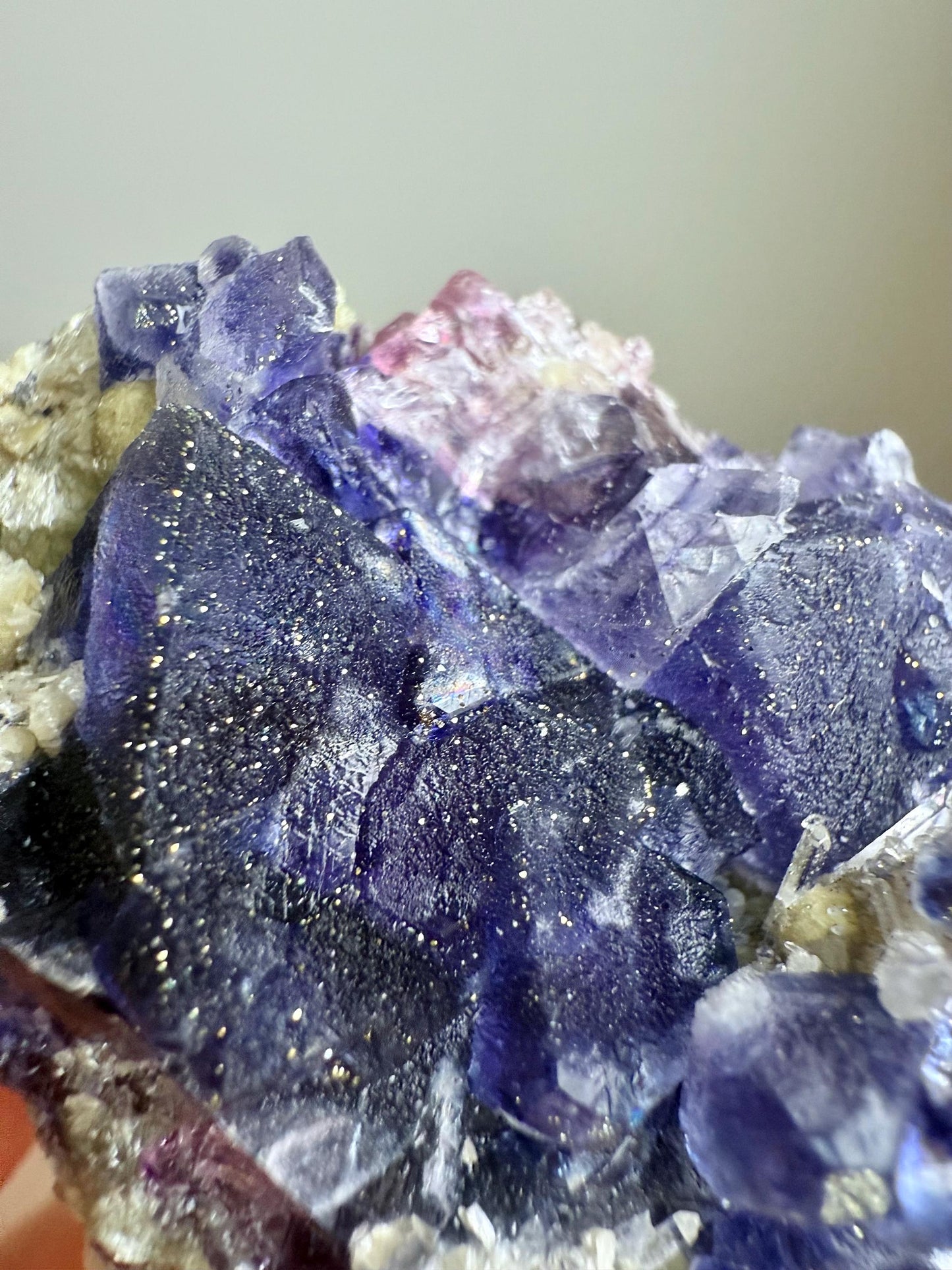 Pyrite-coated Purple Octahedral Fluorite with Quartz & Micas