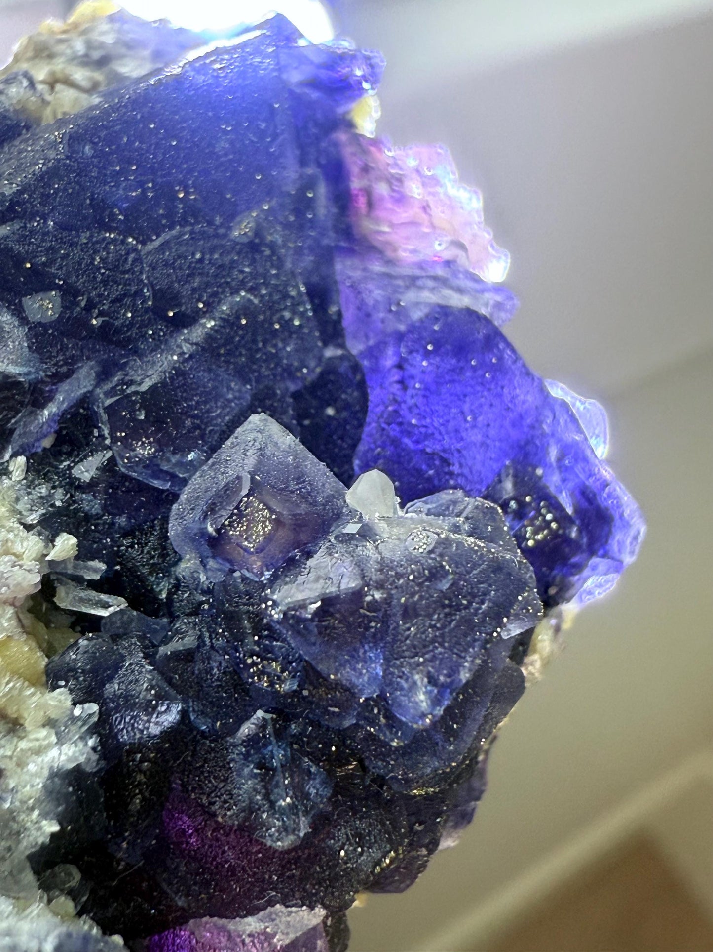 Pyrite-coated Purple Octahedral Fluorite with Quartz & Micas