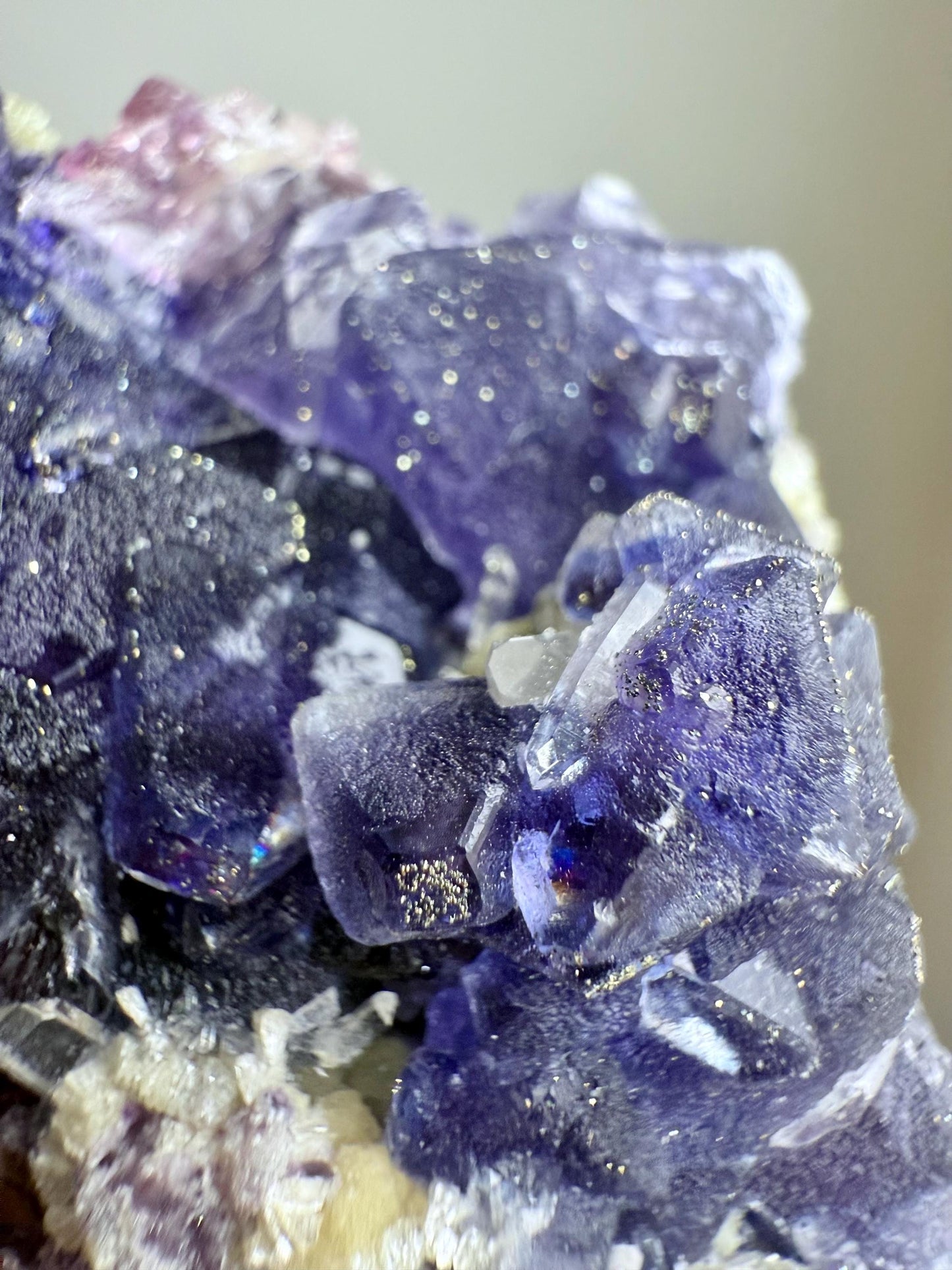Pyrite-coated Purple Octahedral Fluorite with Quartz & Micas