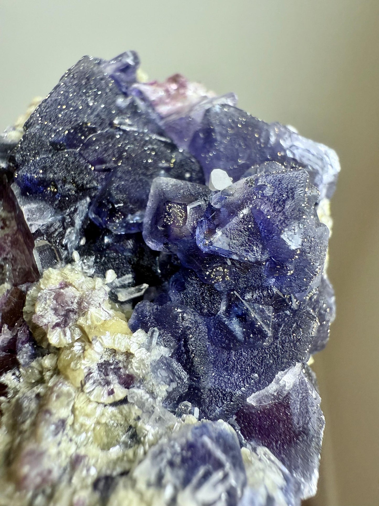 Pyrite-coated Purple Octahedral Fluorite with Quartz & Micas