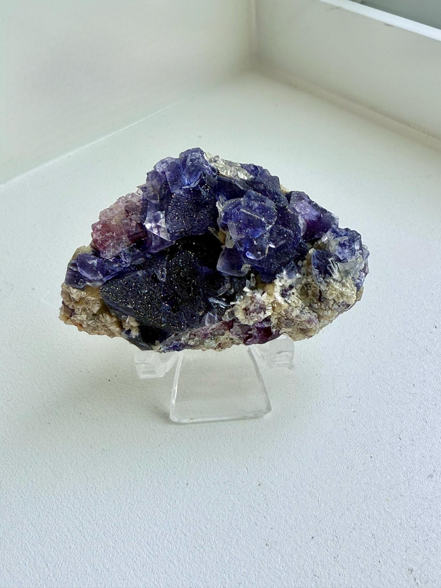 Pyrite-coated Purple Octahedral Fluorite with Quartz & Micas