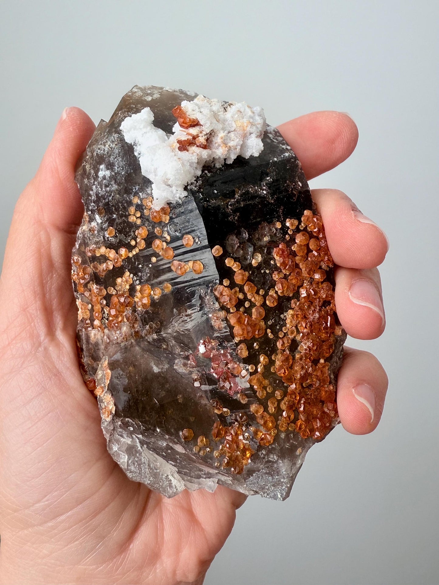 Smoky Quartz with Fanta Spessartine Garnets, Albite