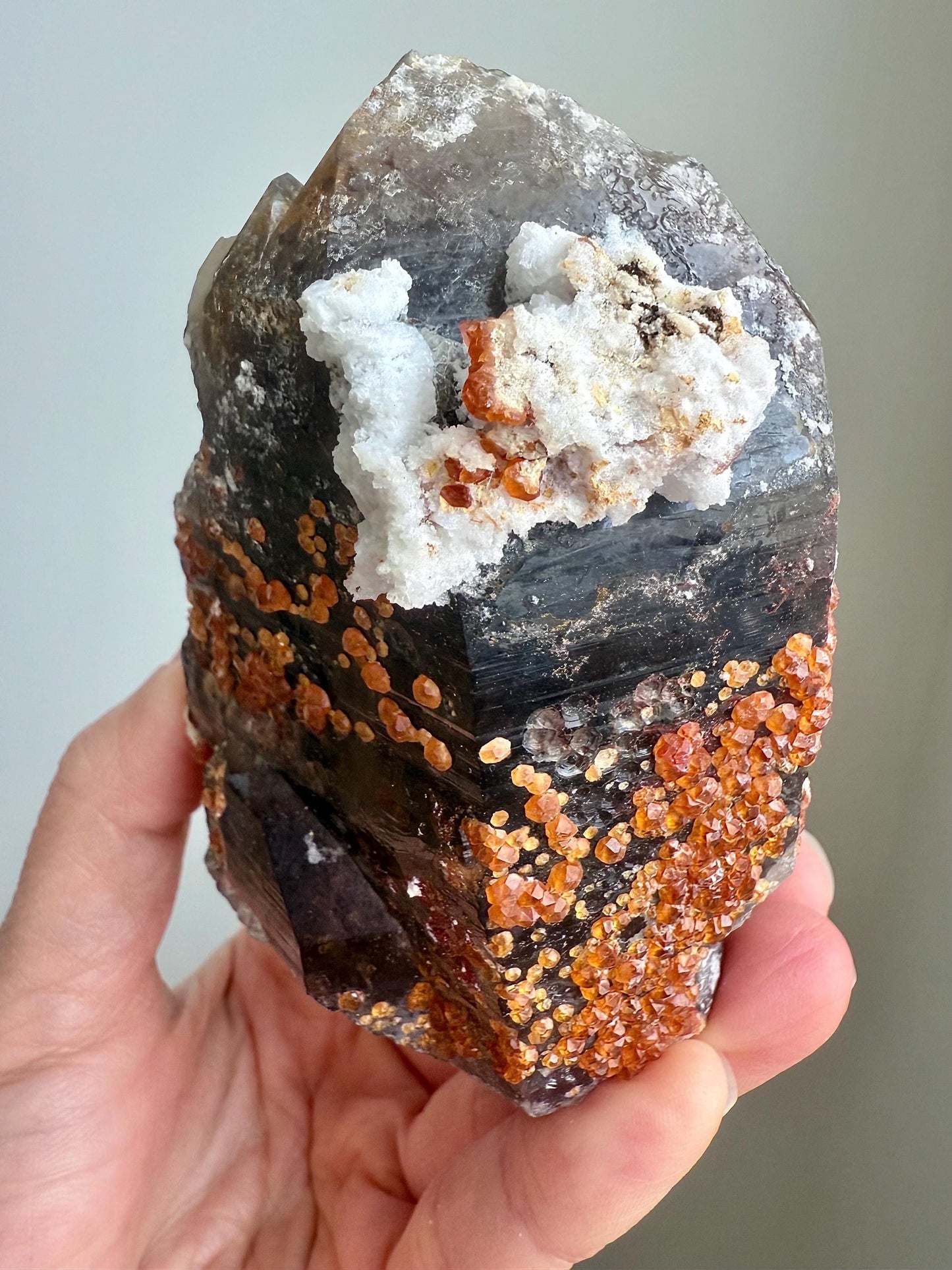 Smoky Quartz with Fanta Spessartine Garnets, Albite