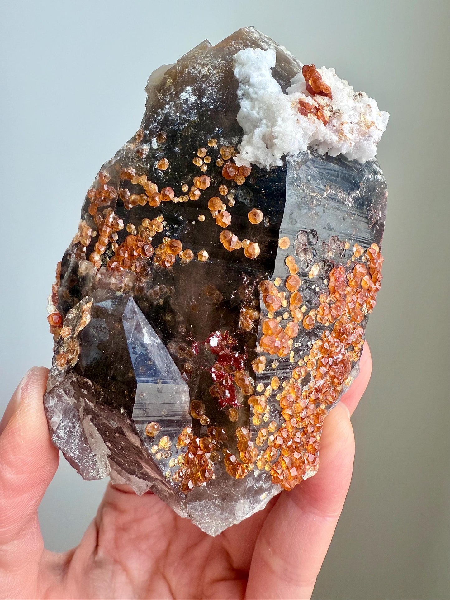 Smoky Quartz with Fanta Spessartine Garnets, Albite