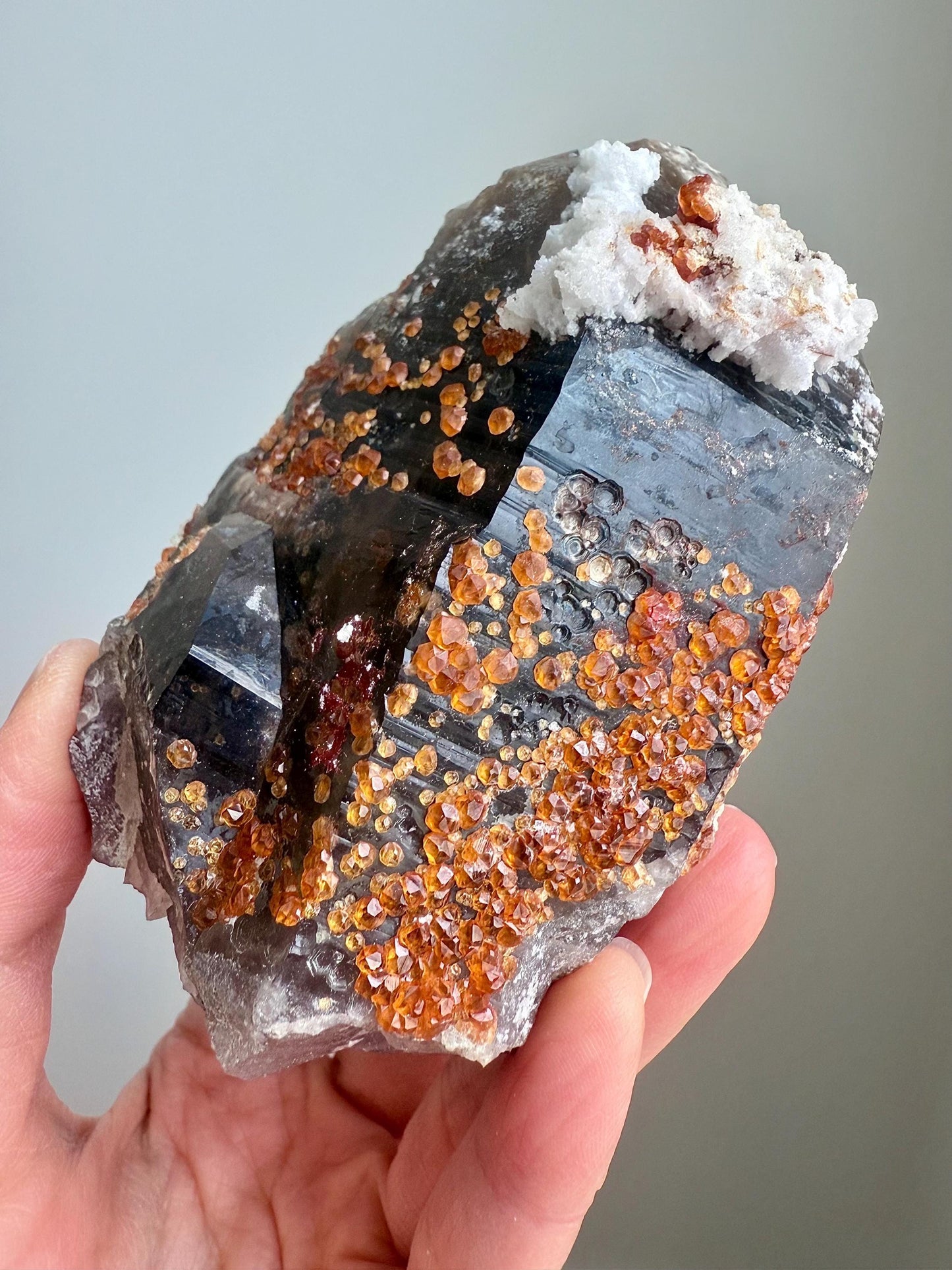 Smoky Quartz with Fanta Spessartine Garnets, Albite