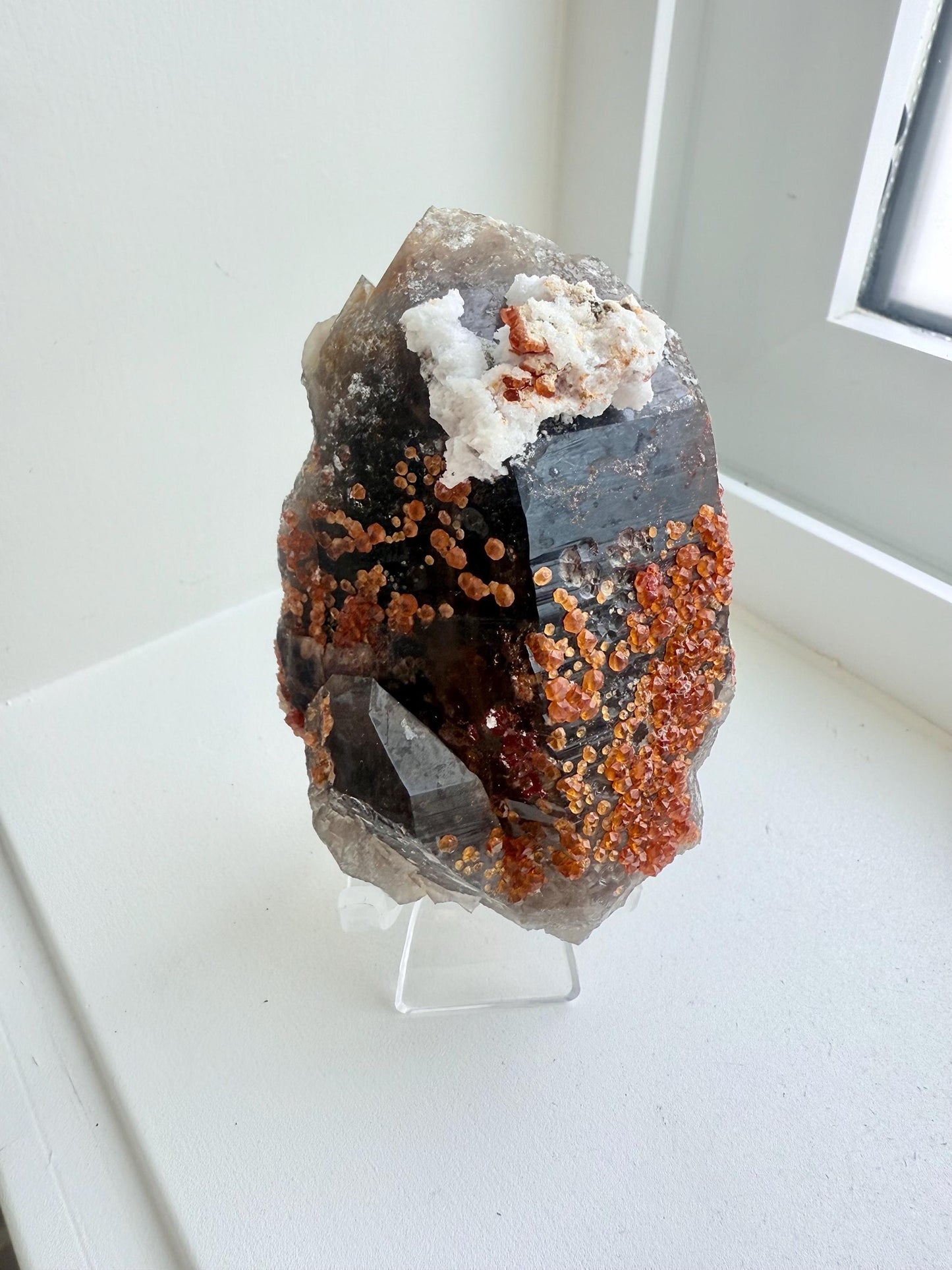 Smoky Quartz with Fanta Spessartine Garnets, Albite