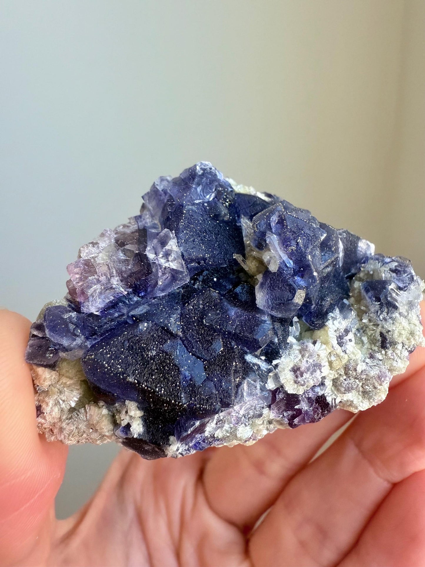 Pyrite-coated Purple Octahedral Fluorite with Quartz & Micas