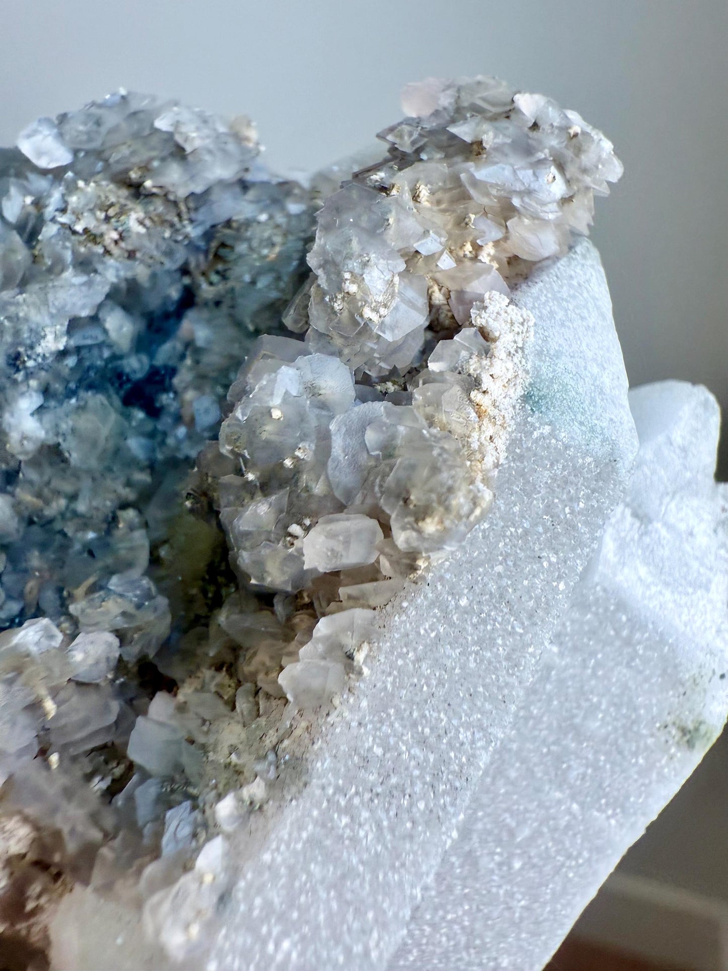 Fluorescent Calcite over Druzy Quartz