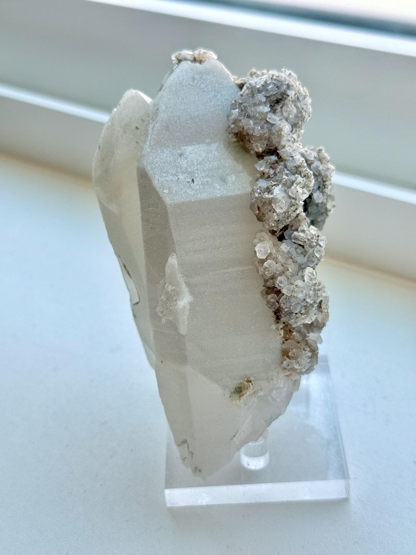 Fluorescent Calcite over Druzy Quartz