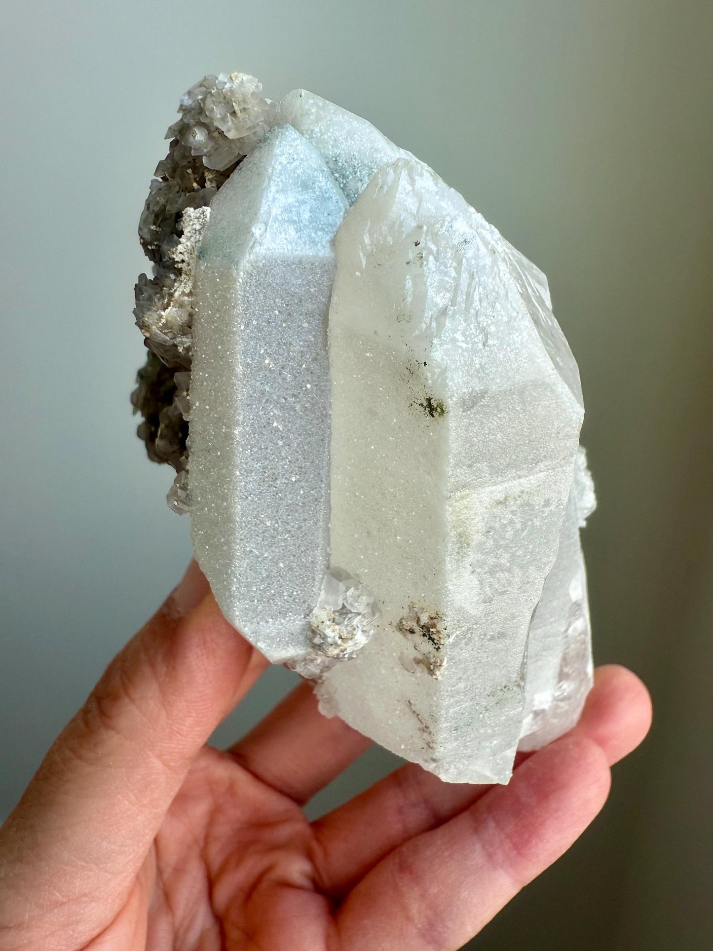 Fluorescent Calcite over Druzy Quartz