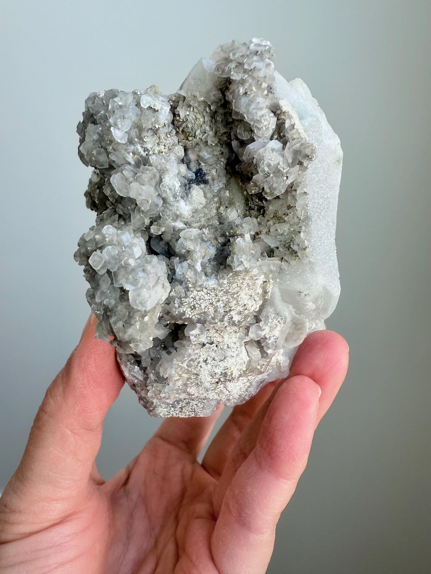 Fluorescent Calcite over Druzy Quartz