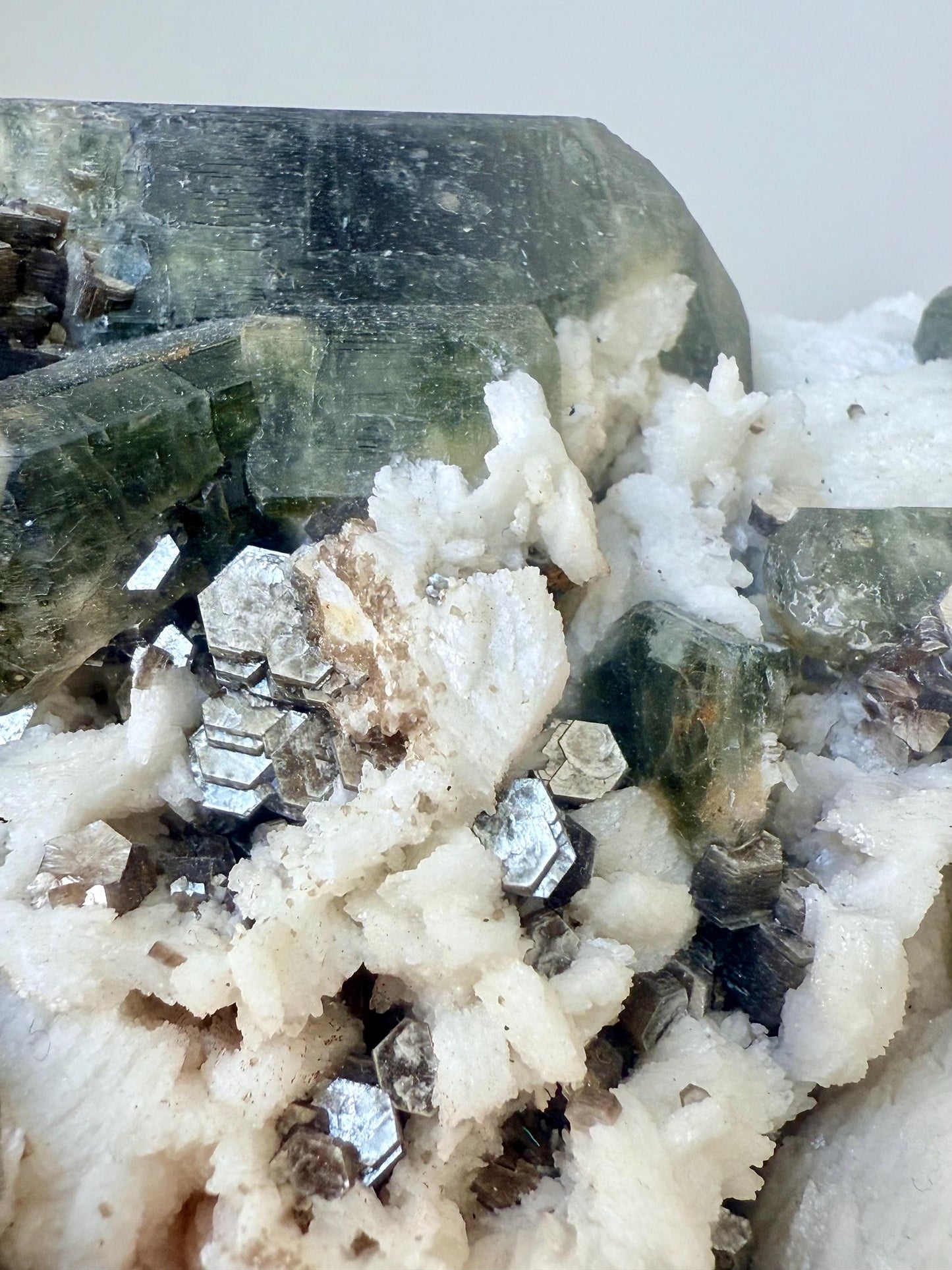 Apatite with Copper Mica on Albite