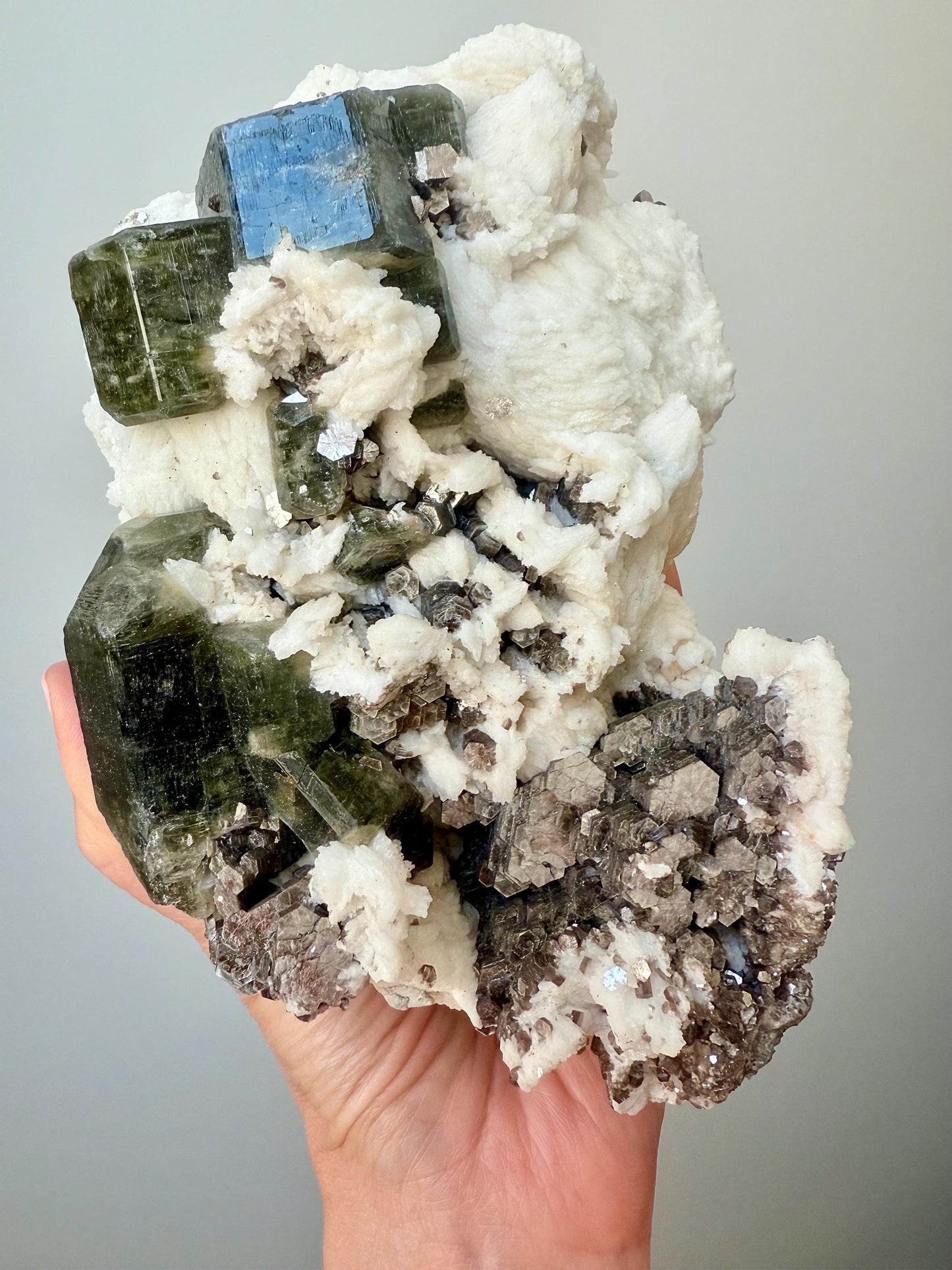 Apatite with Copper Mica on Albite