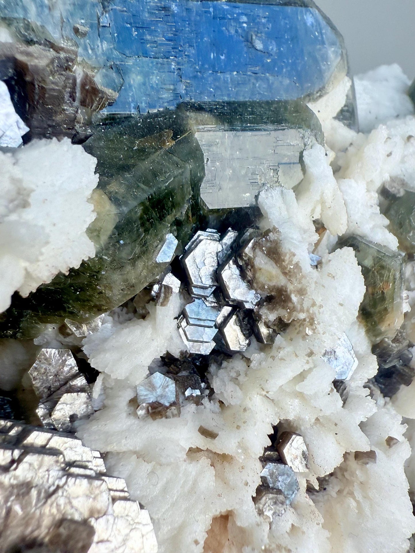 Apatite with Copper Mica on Albite