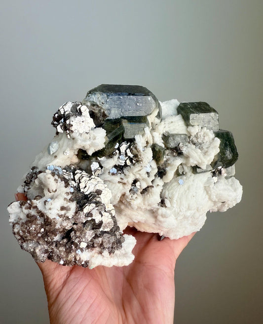 Apatite with Copper Mica on Albite